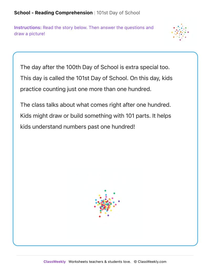 101st Day of School - Kindergarten worksheet preview