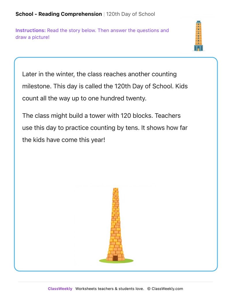 120th Day of School - Kindergarten worksheet preview