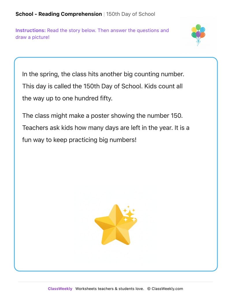 150th Day of School - Kindergarten worksheet preview