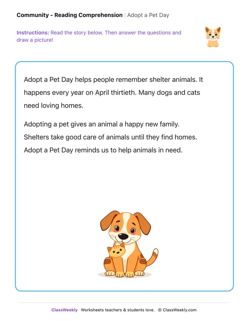 Adopt a Pet Day - Kindergarten worksheet preview