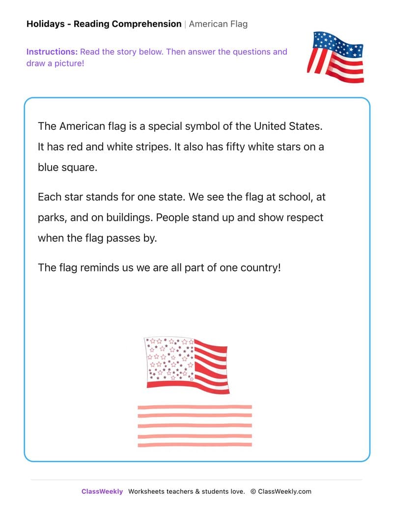 American Flag - Kindergarten worksheet preview