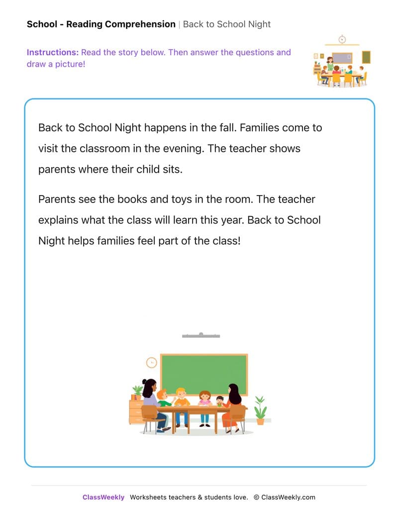 Back to School Night - Kindergarten worksheet preview