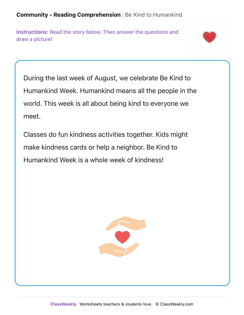 Be Kind to Humankind Week - Kindergarten worksheet preview