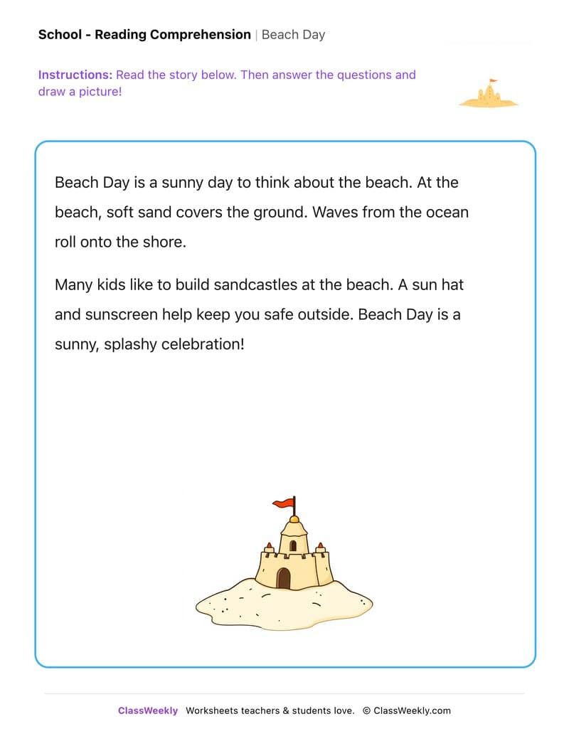 Beach Day - Kindergarten worksheet preview