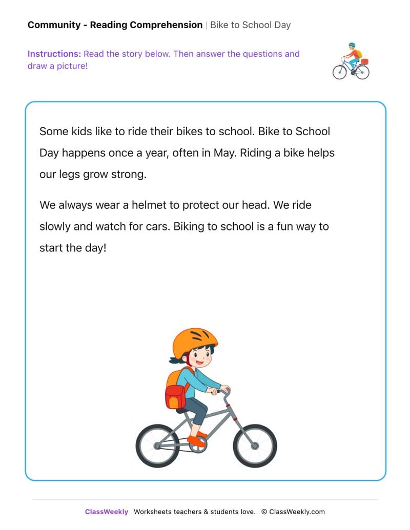 Bike to School Day - Kindergarten worksheet preview
