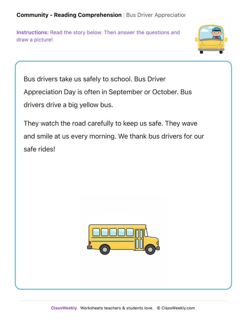 Bus Driver Appreciation Day - Kindergarten worksheet preview