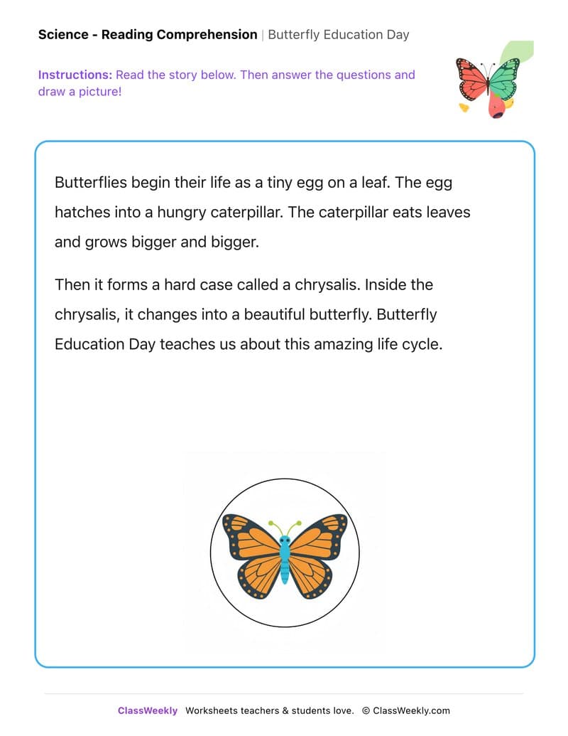 Butterfly Education Day - Kindergarten worksheet preview