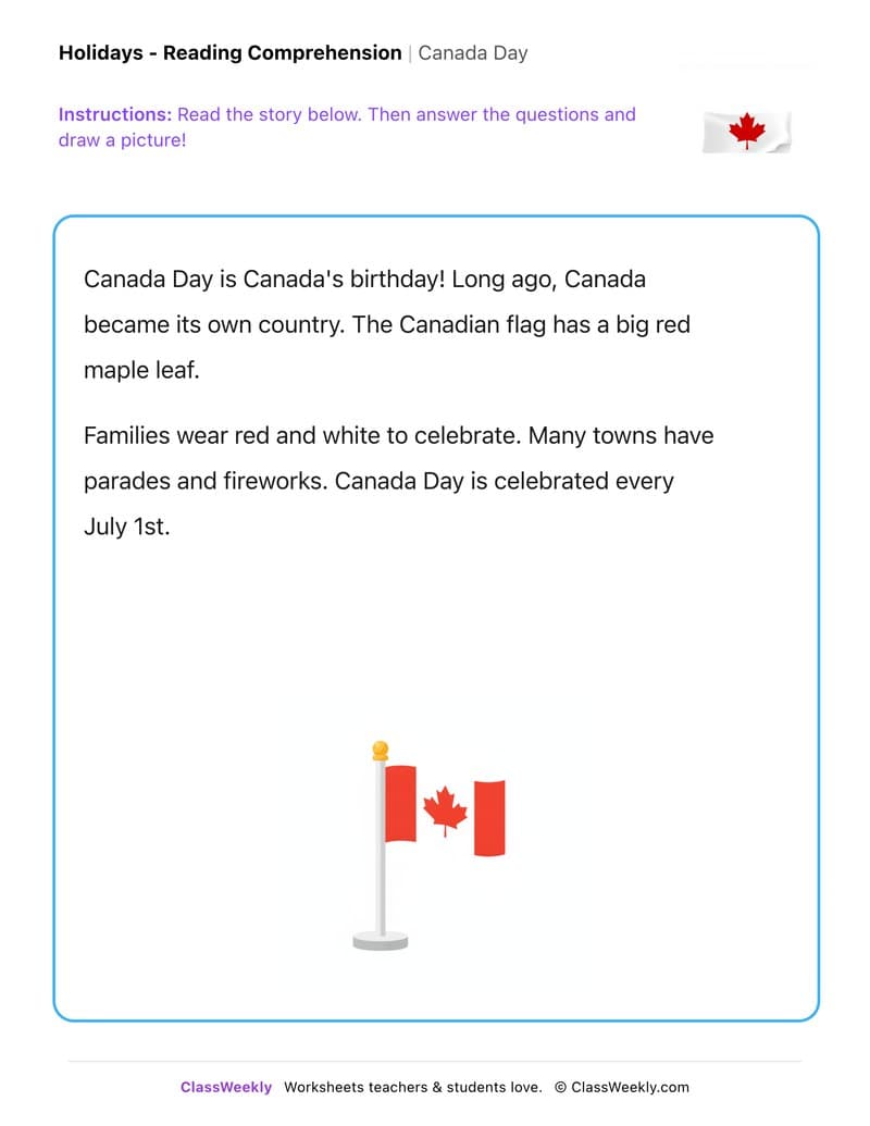 Canada Day - Kindergarten worksheet preview