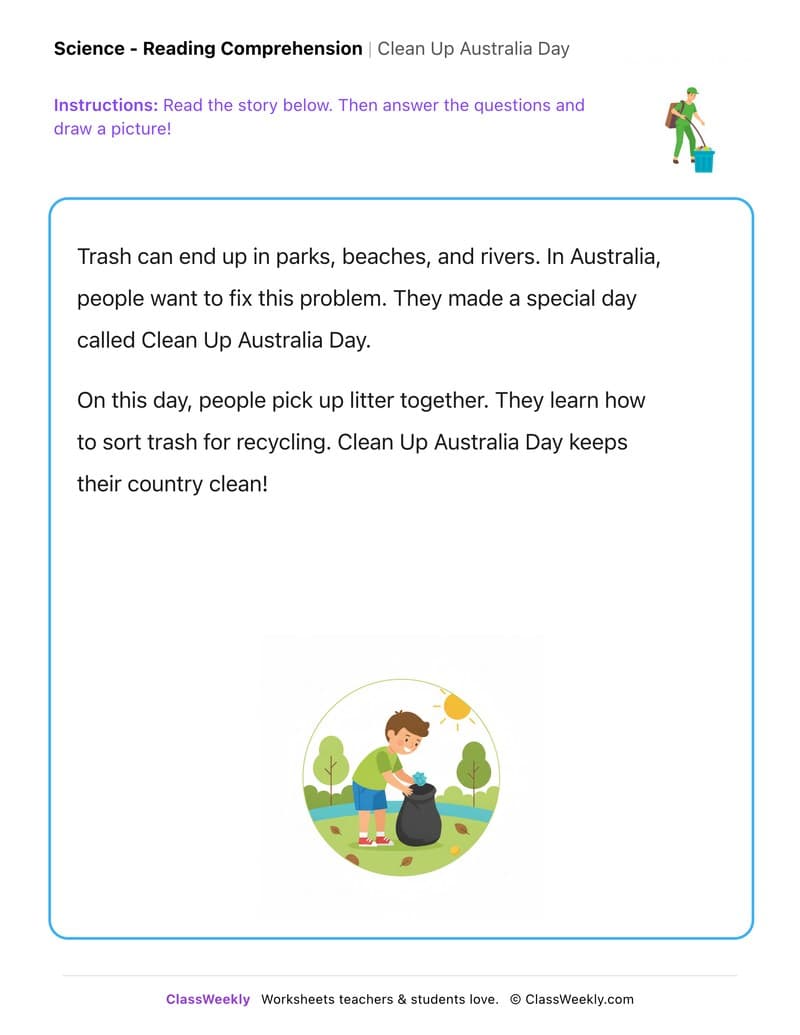 Clean Up Australia Day - Kindergarten worksheet preview