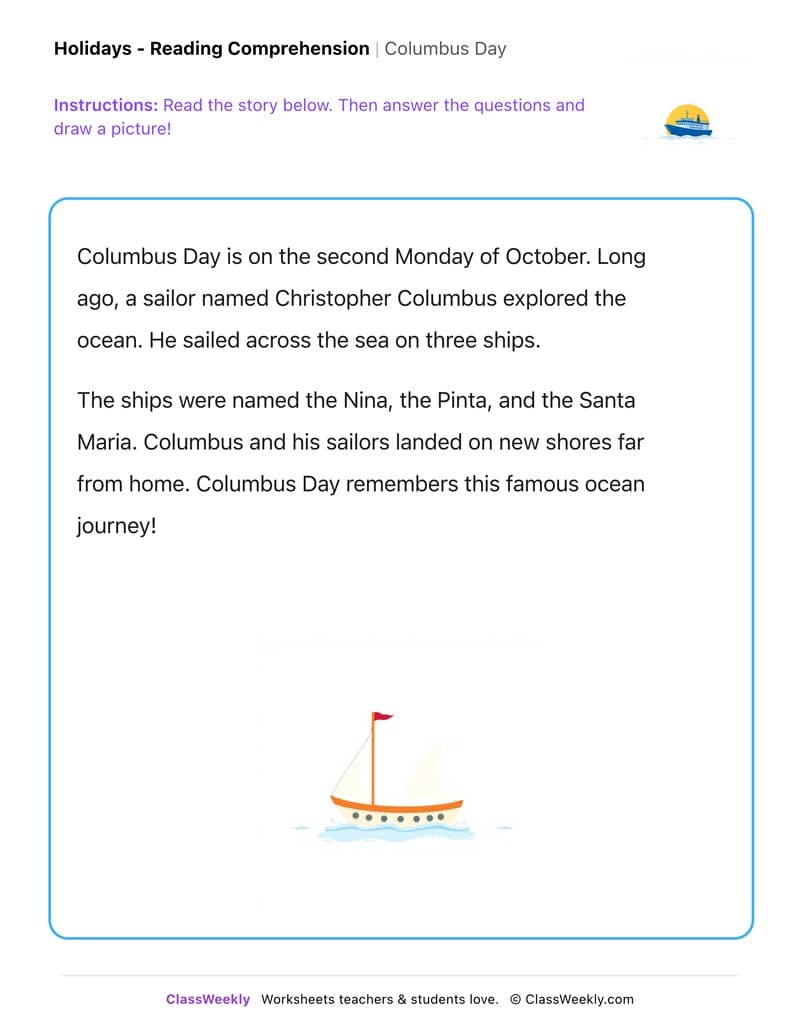 Columbus Day - Kindergarten worksheet preview