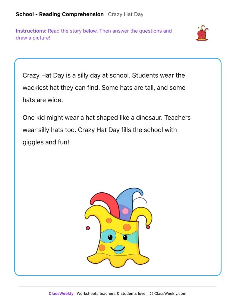 Crazy Hat Day - Kindergarten worksheet preview
