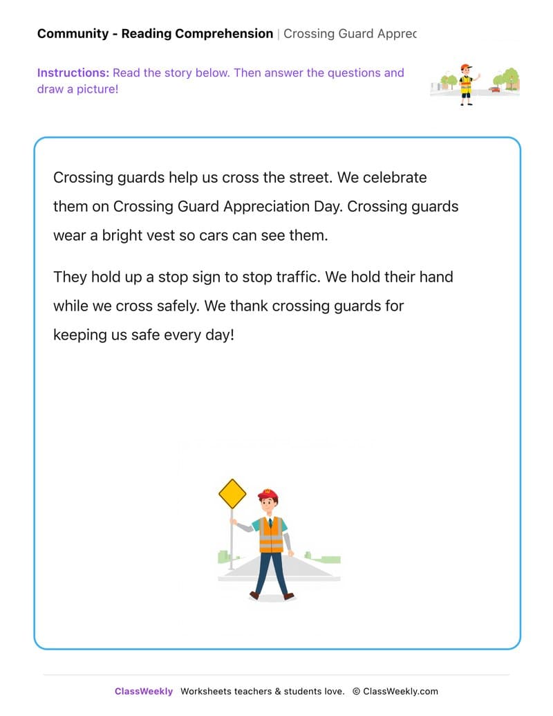 Crossing Guard Appreciation Day - Kindergarten worksheet preview
