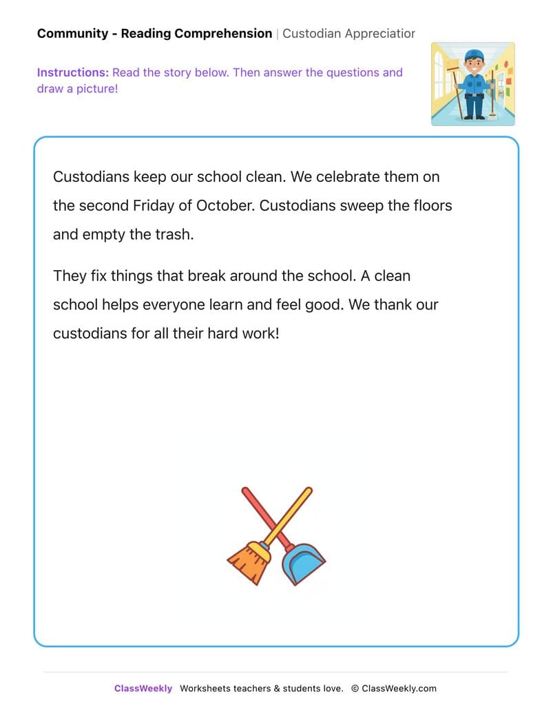 Custodian Appreciation Day - Kindergarten worksheet preview