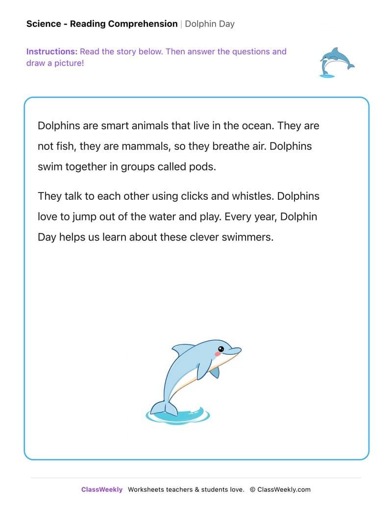 Dolphin Day - Kindergarten worksheet preview