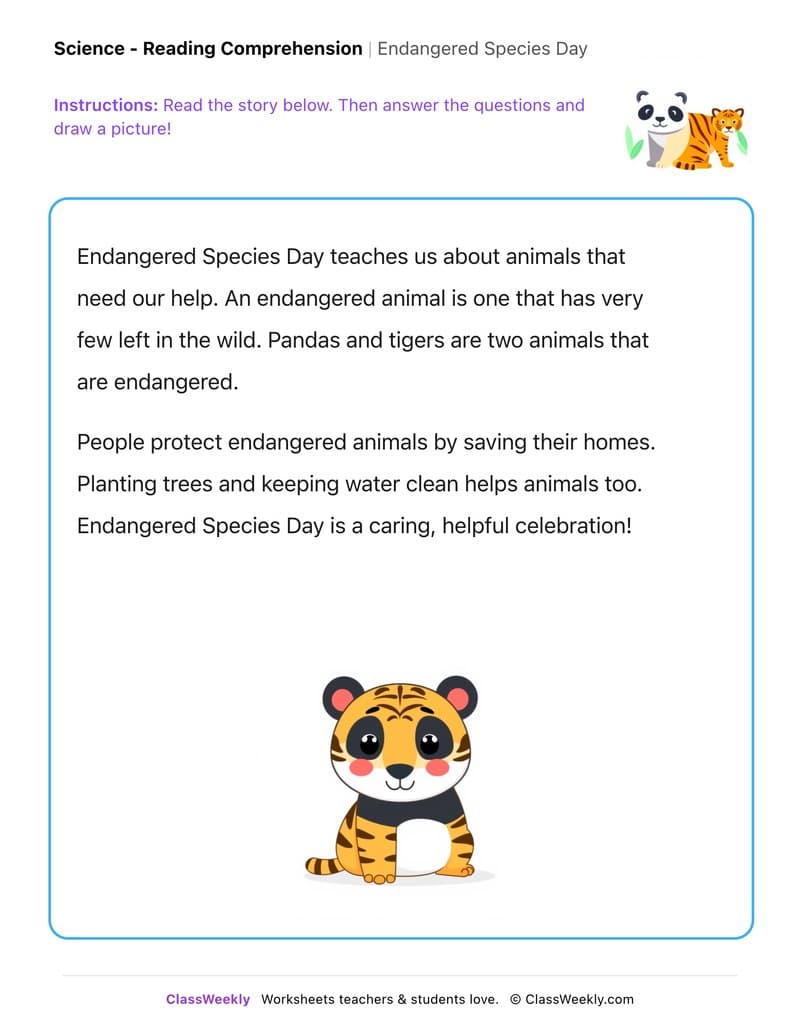 Endangered Species Day - Kindergarten worksheet preview