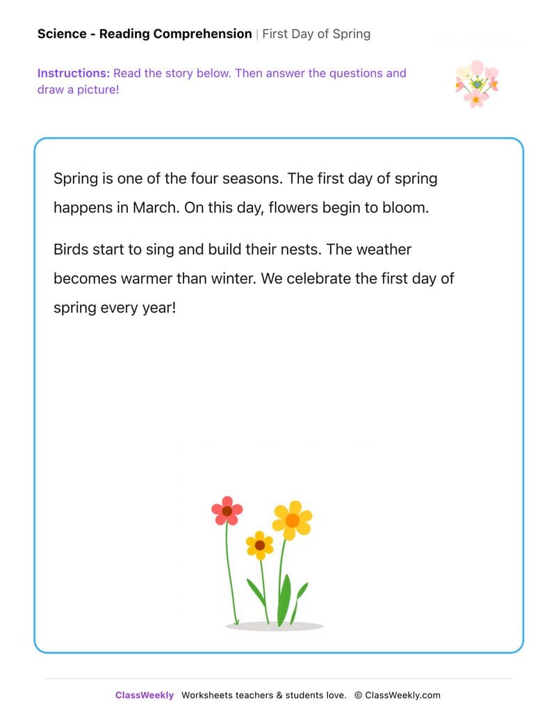 First Day of Spring - Kindergarten worksheet preview