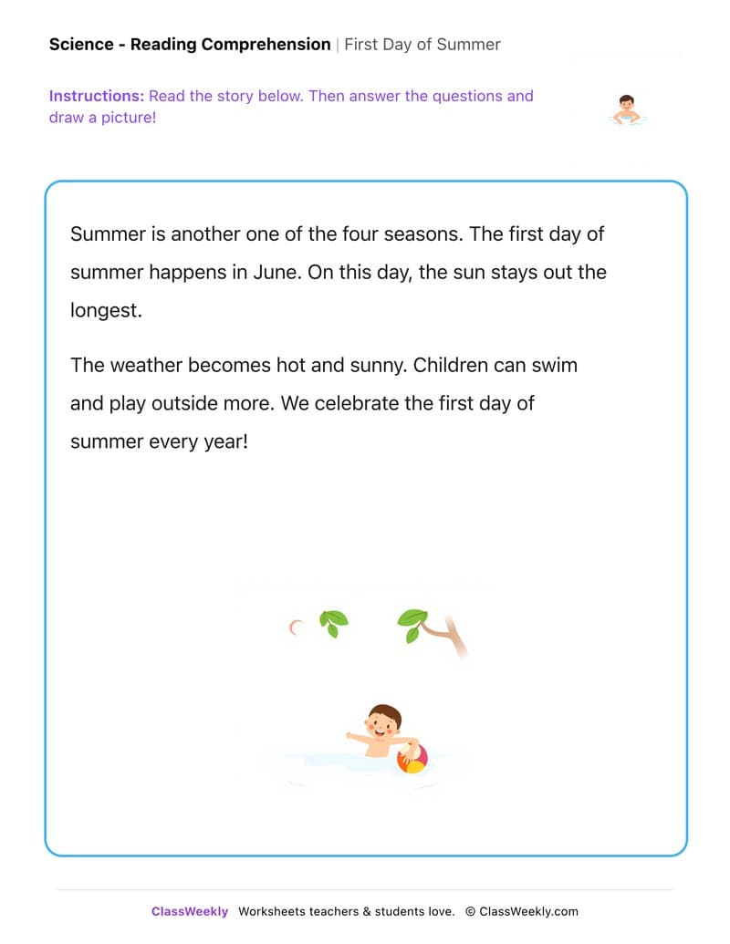 First Day of Summer - Kindergarten worksheet preview