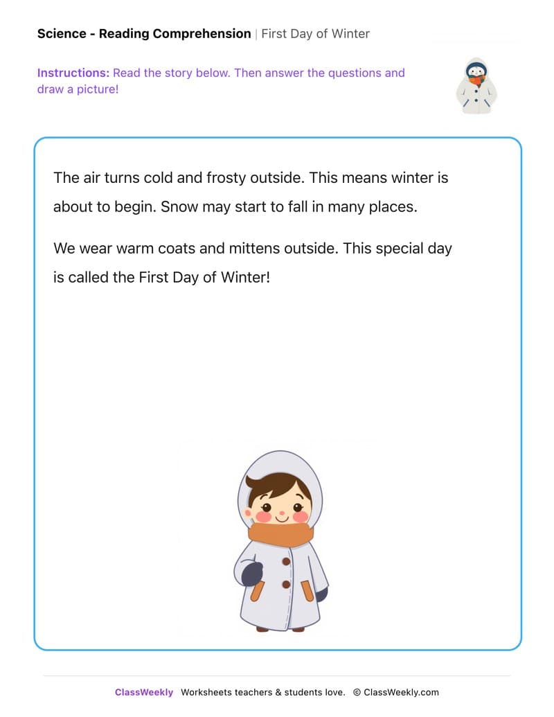First Day of Winter - Kindergarten worksheet preview