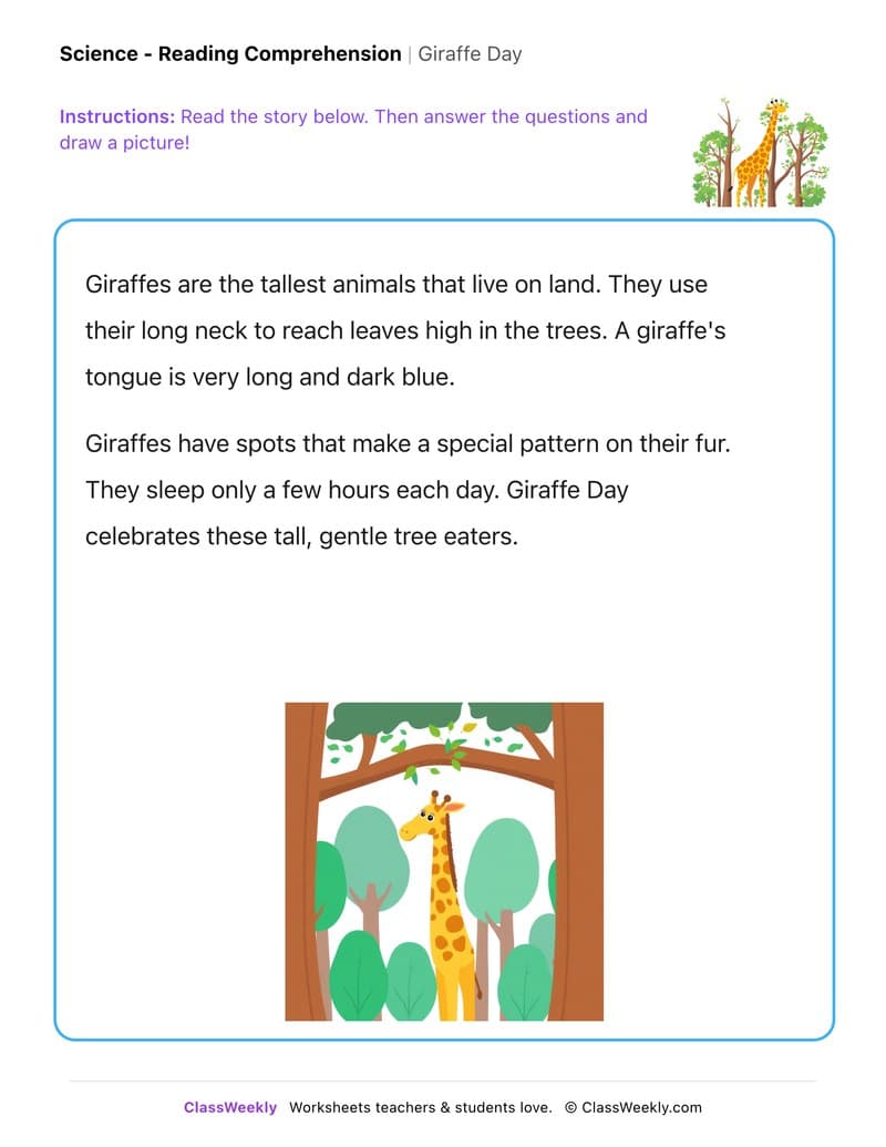Giraffe Day - Kindergarten worksheet preview