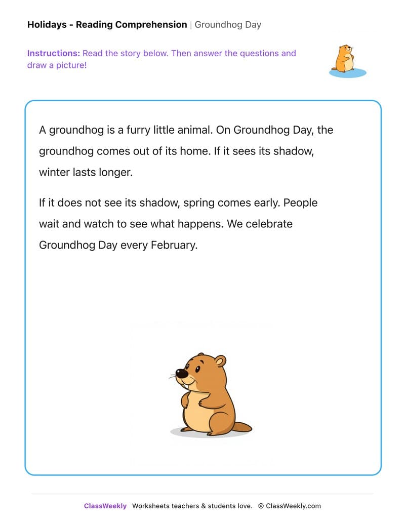 Groundhog Day - Kindergarten worksheet preview
