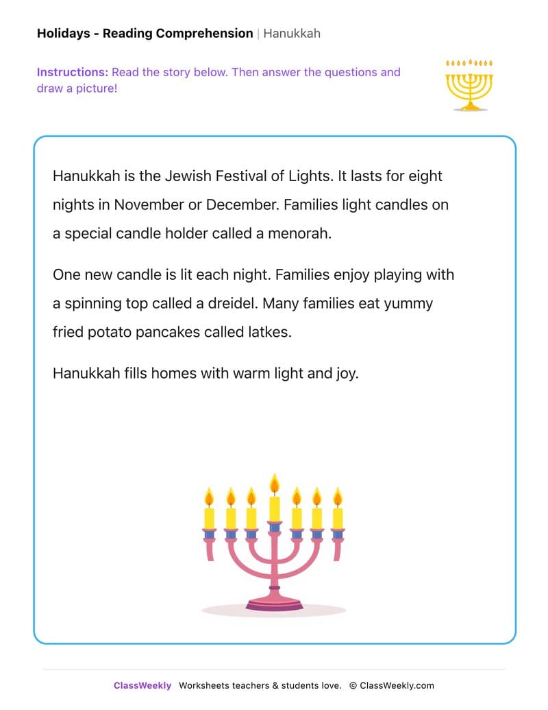 Hanukkah - Kindergarten worksheet preview