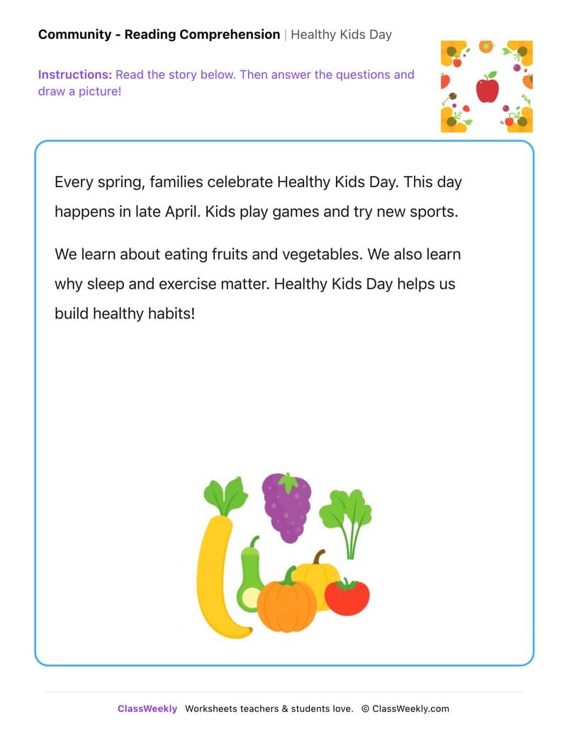 Healthy Kids Day - Kindergarten worksheet preview