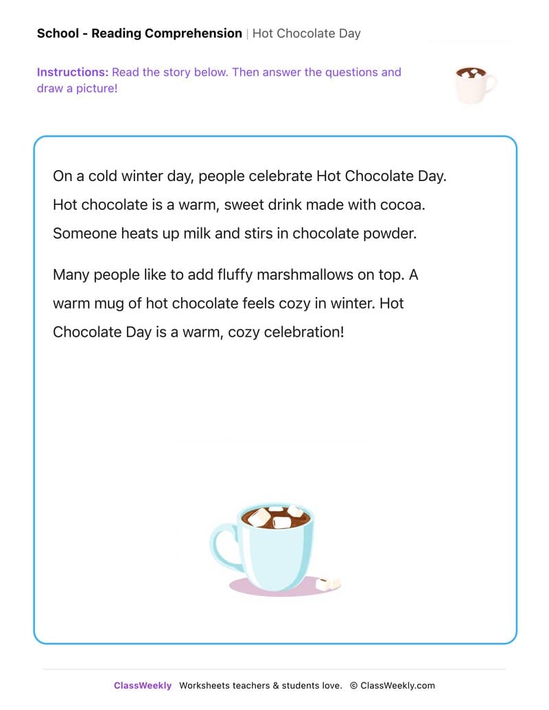 Hot Chocolate Day - Kindergarten worksheet preview
