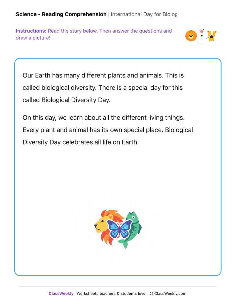 International Day for Biological Diversity - Kindergarten worksheet preview