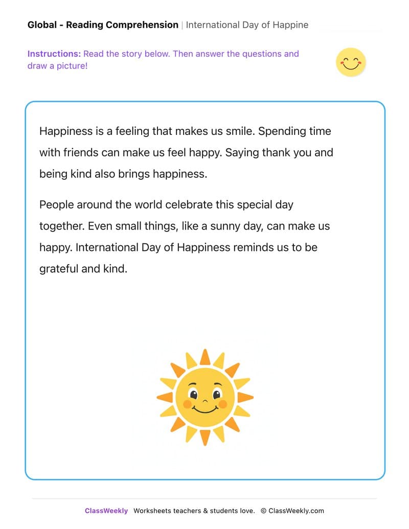 International Day of Happiness - Kindergarten worksheet preview