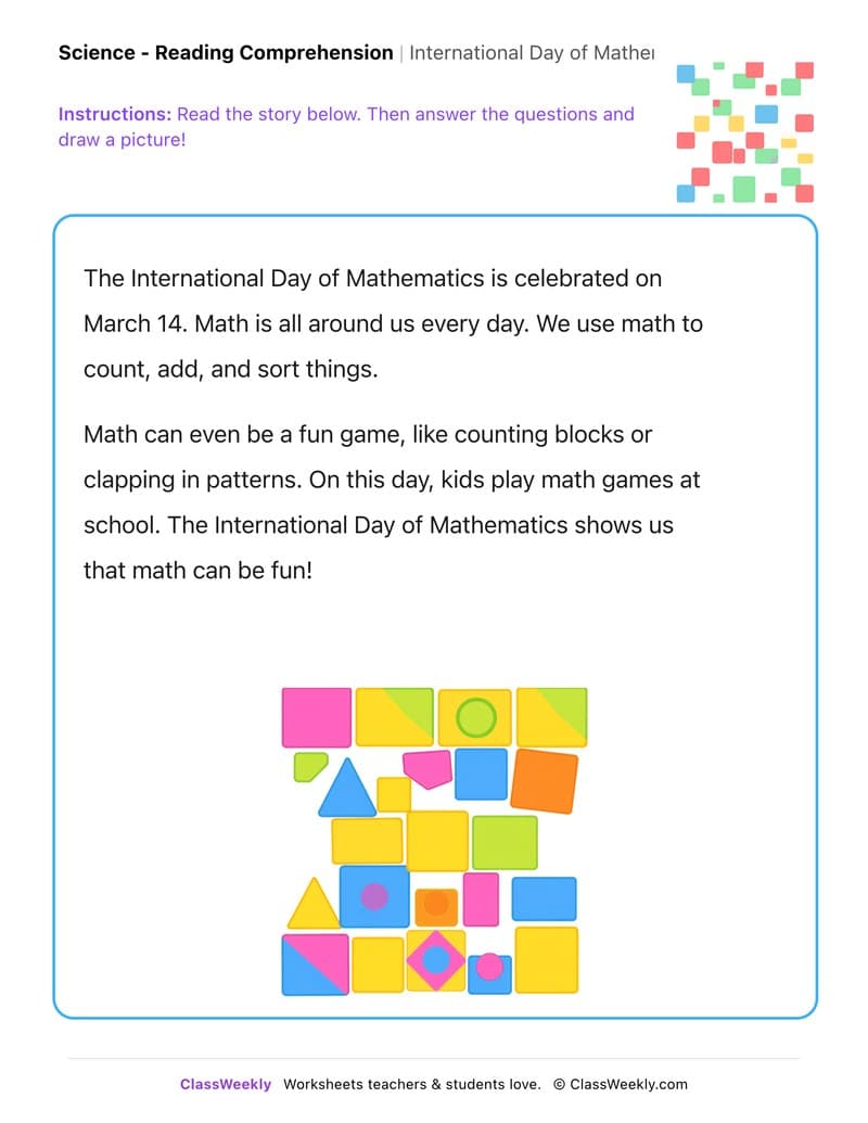 International Day of Mathematics - Kindergarten worksheet preview