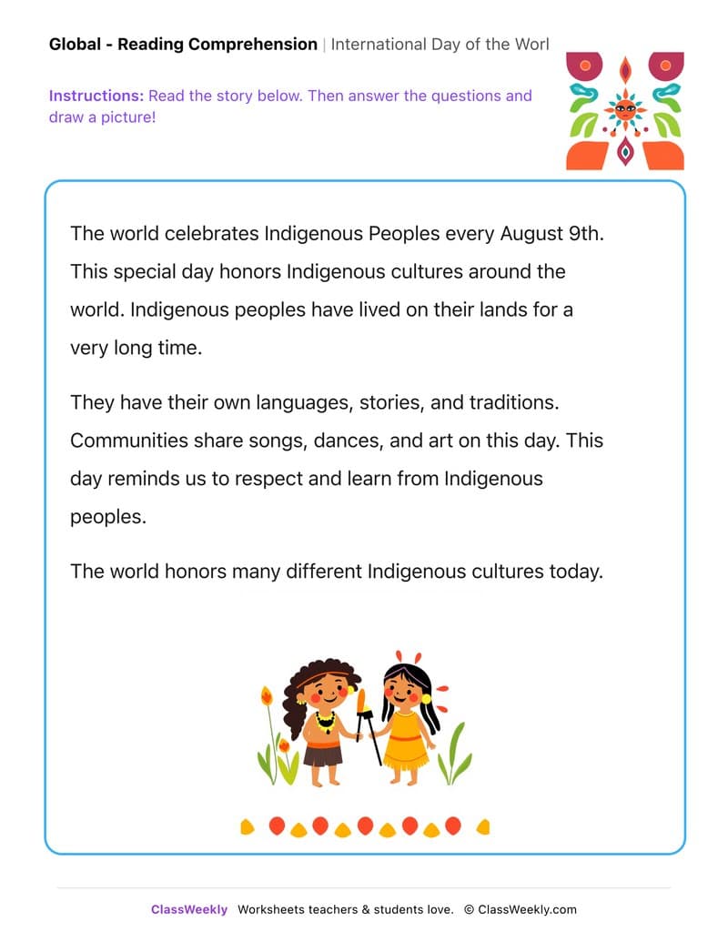 International Day of the World's Indigenous Peoples - Kindergarten worksheet preview