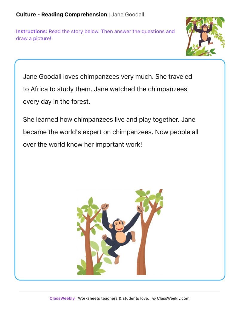 Jane Goodall - Kindergarten worksheet preview