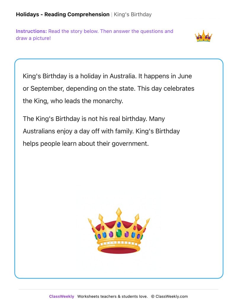 King's Birthday - Kindergarten worksheet preview