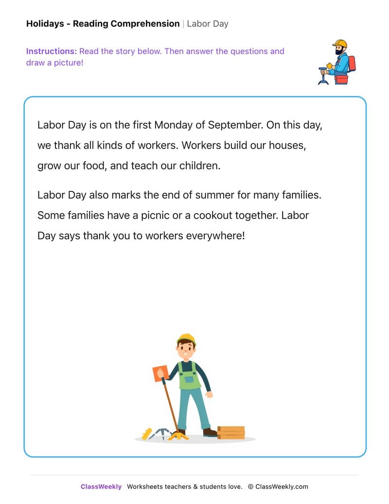 Labor Day - Kindergarten worksheet preview