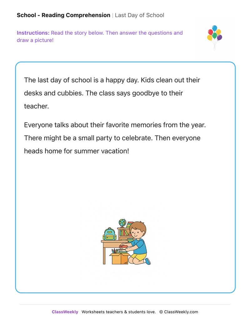 Last Day of School - Kindergarten worksheet preview