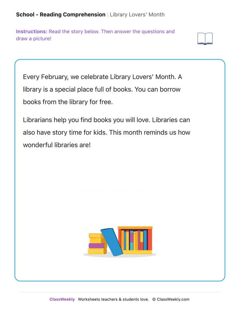 Library Lovers' Month - Kindergarten worksheet preview