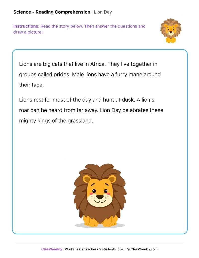 Lion Day - Kindergarten worksheet preview