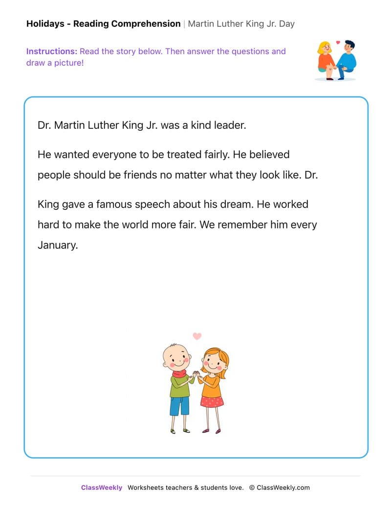 Martin Luther King Jr. Day - Kindergarten worksheet preview