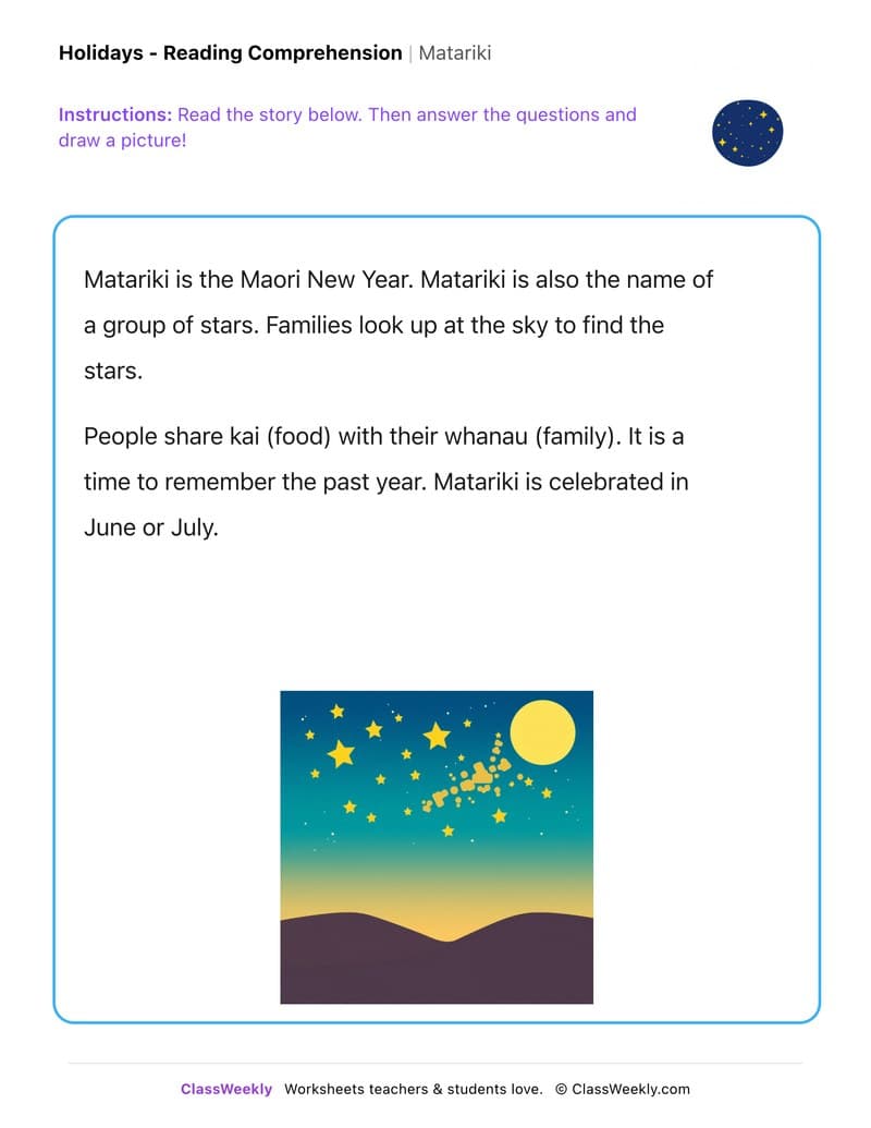 Matariki - Kindergarten worksheet preview