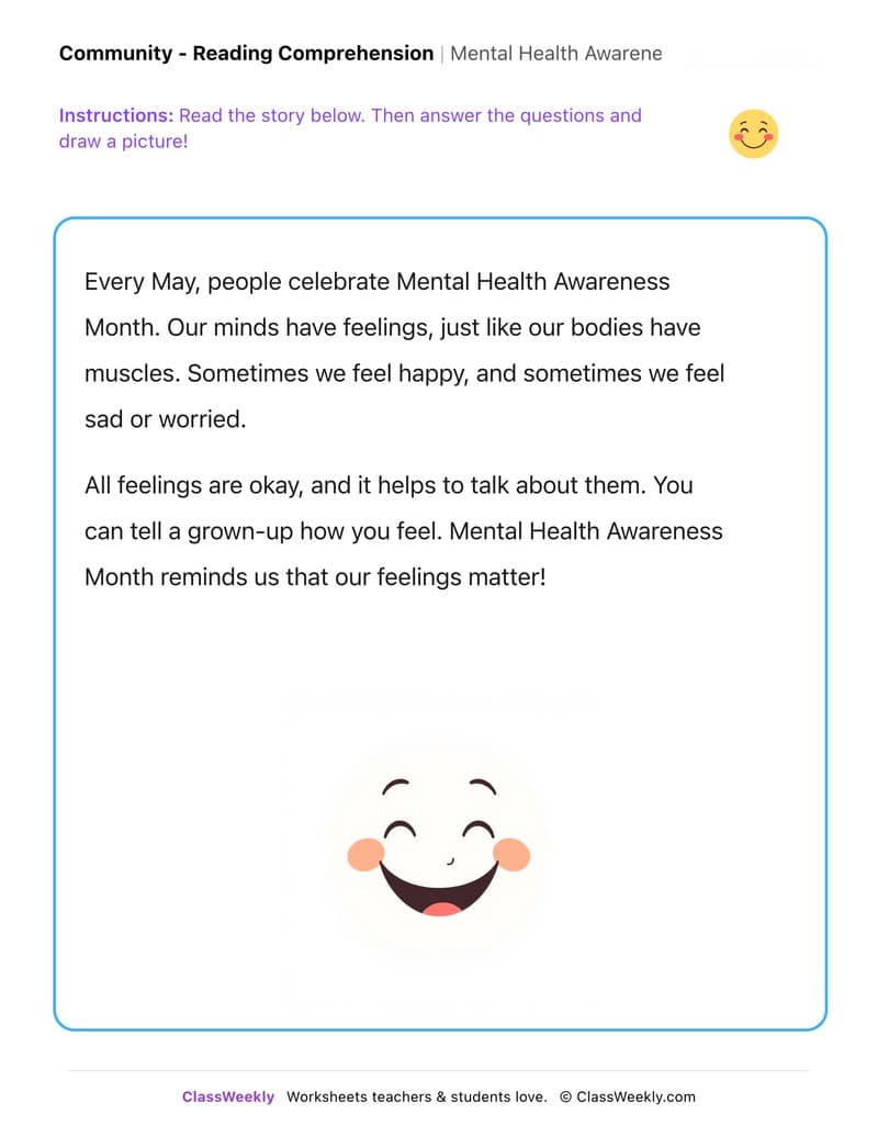 Mental Health Awareness Month - Kindergarten worksheet preview