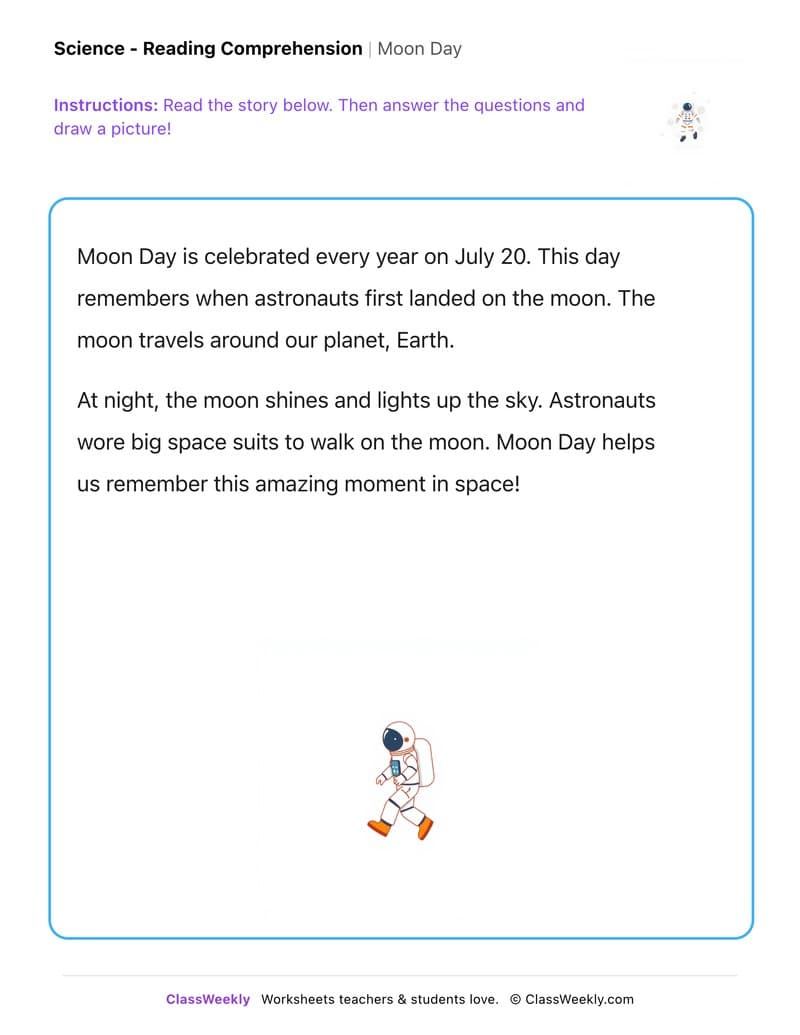 Moon Day - Kindergarten worksheet preview