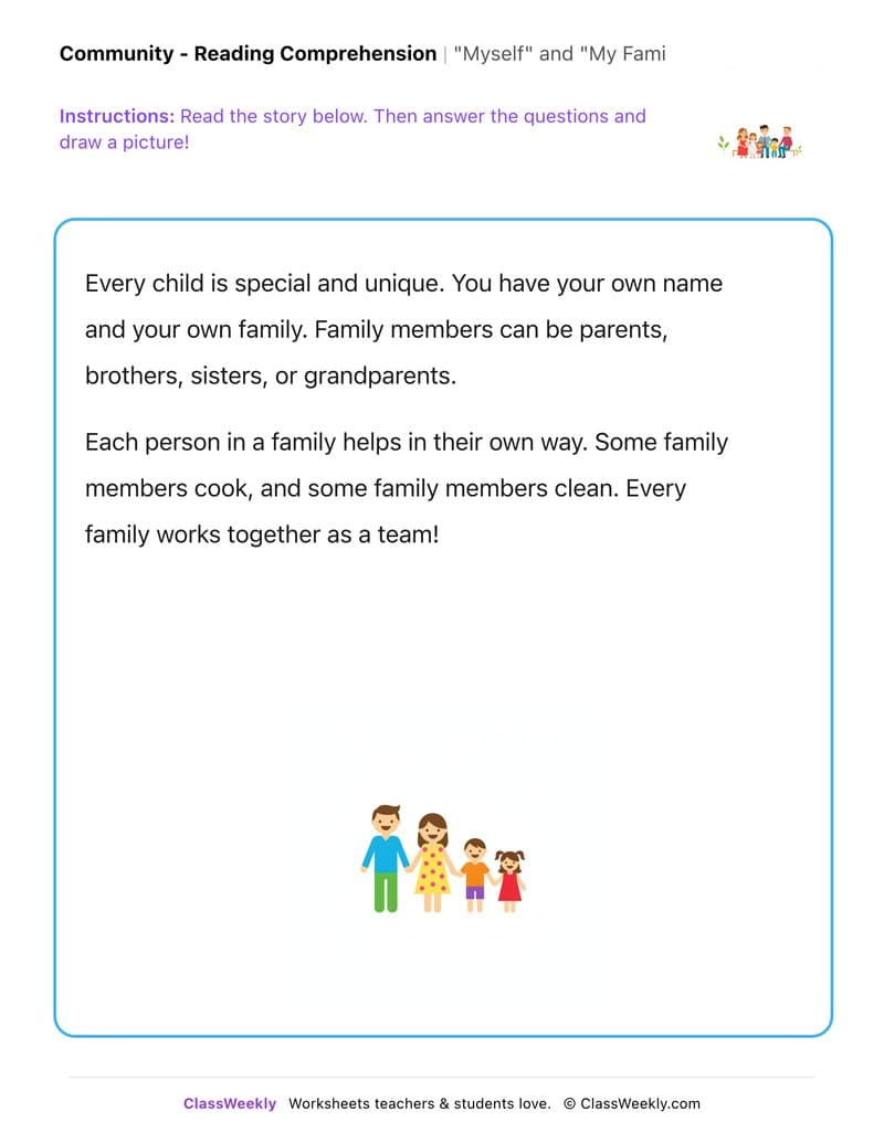 "Myself" and "My Family" - Kindergarten worksheet preview