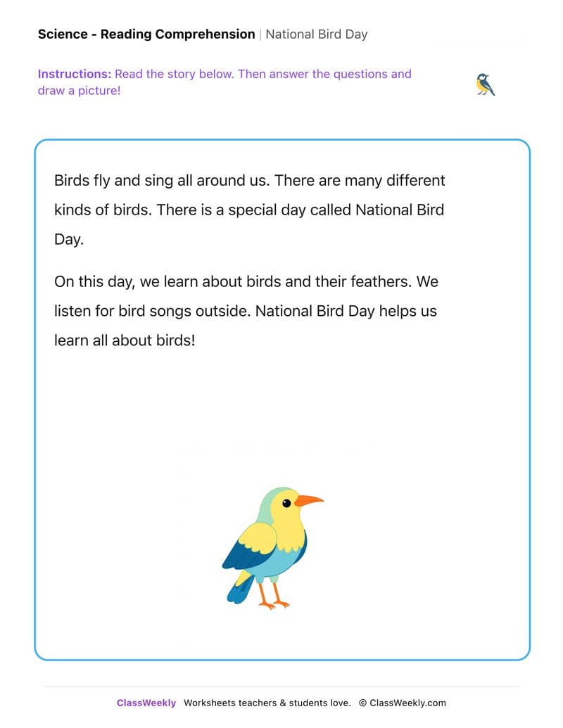 National Bird Day - Kindergarten worksheet preview