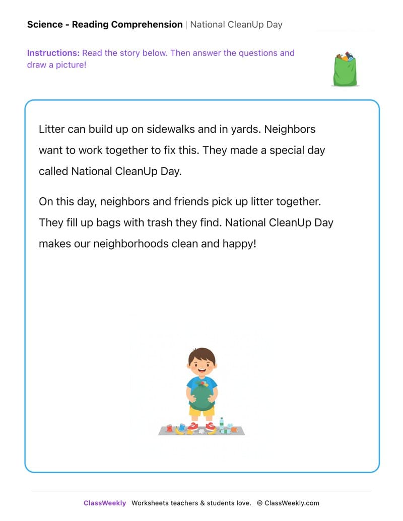 National CleanUp Day - Kindergarten worksheet preview
