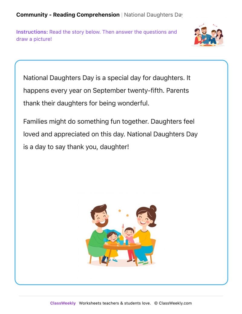 National Daughters Day - Kindergarten worksheet preview