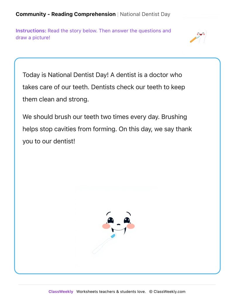 National Dentist Day - Kindergarten worksheet preview