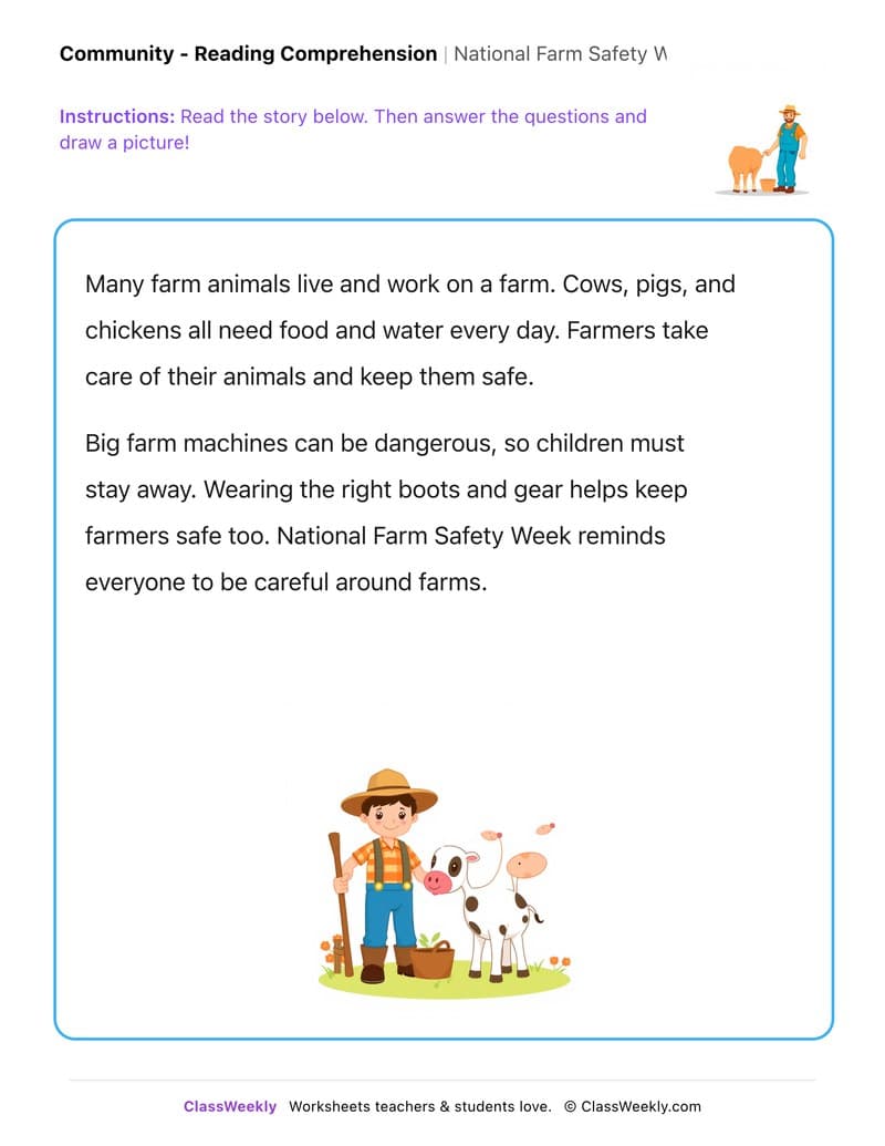National Farm Safety Week - Kindergarten worksheet preview