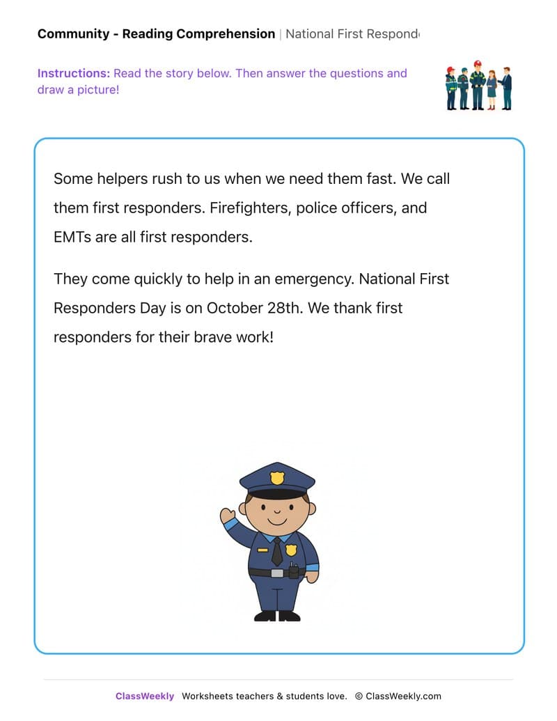 National First Responders Day - Kindergarten worksheet preview