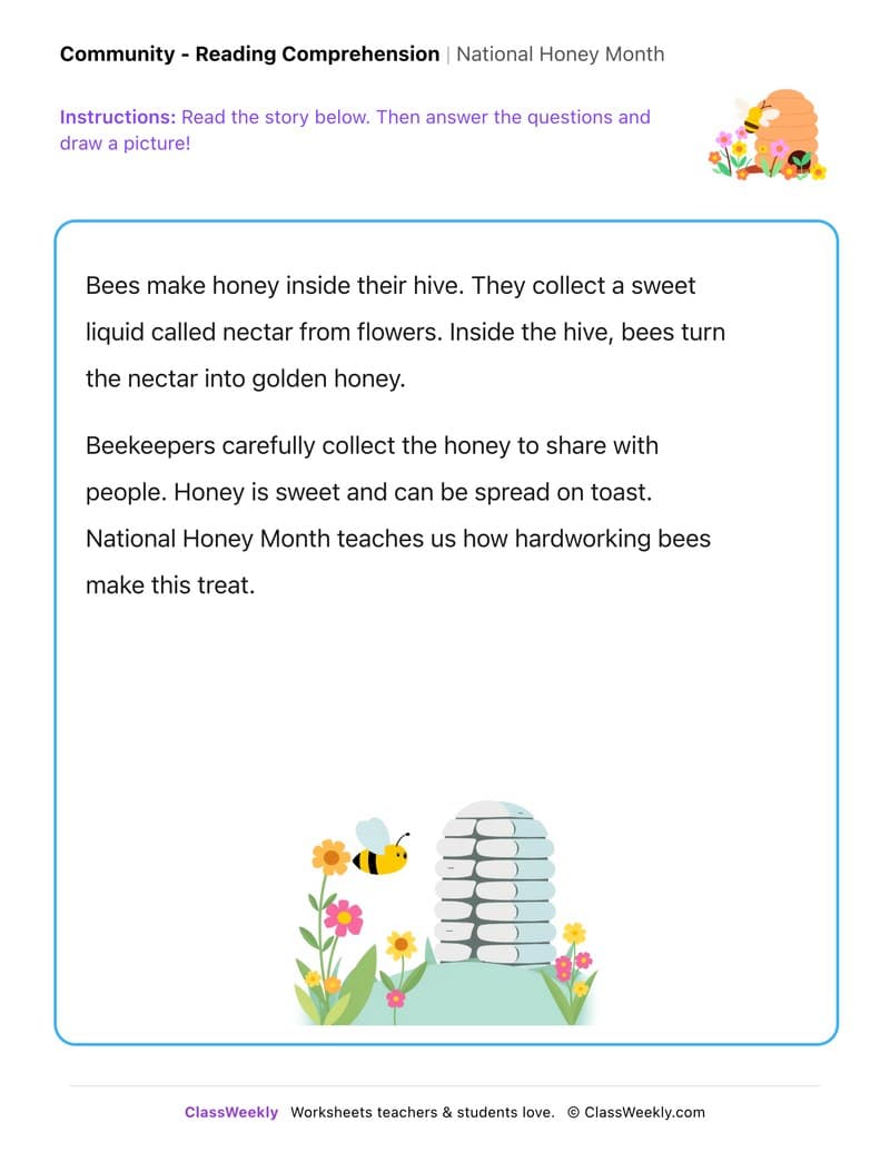 National Honey Month - Kindergarten worksheet preview