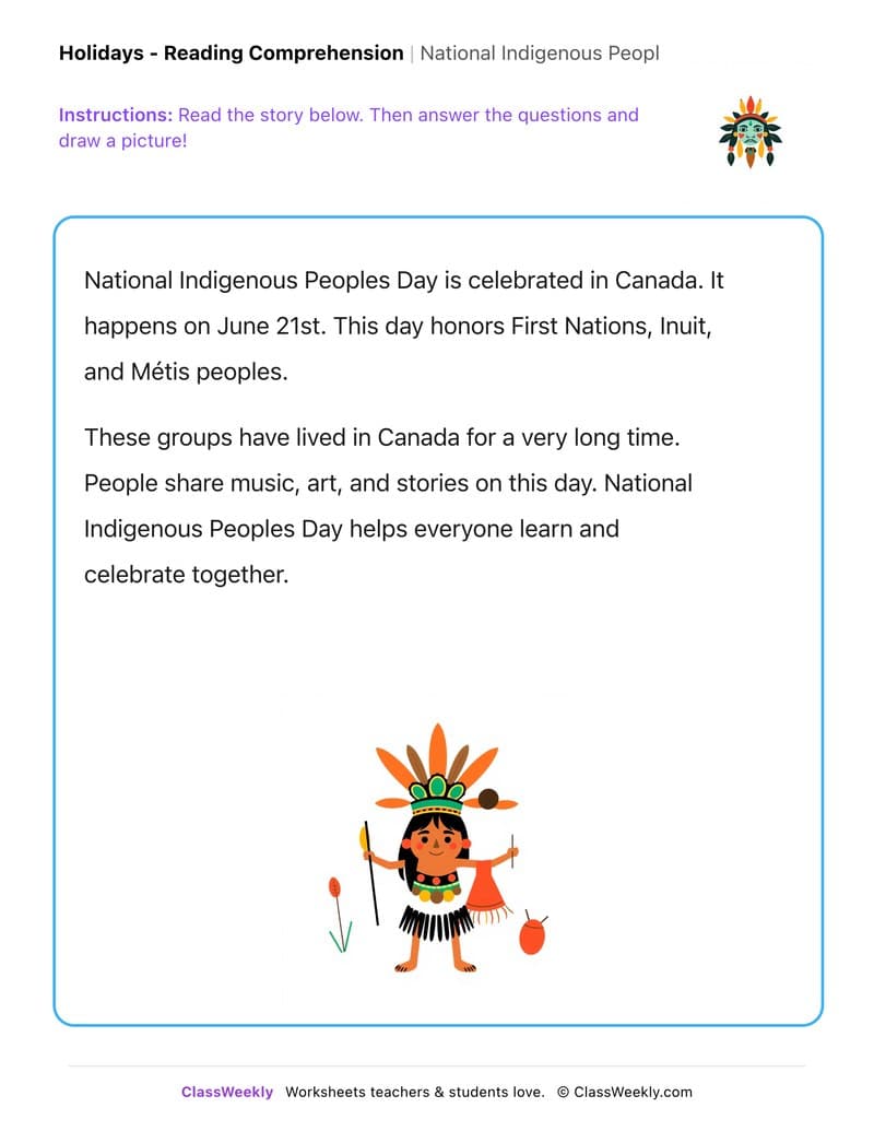 National Indigenous Peoples Day - Kindergarten worksheet preview